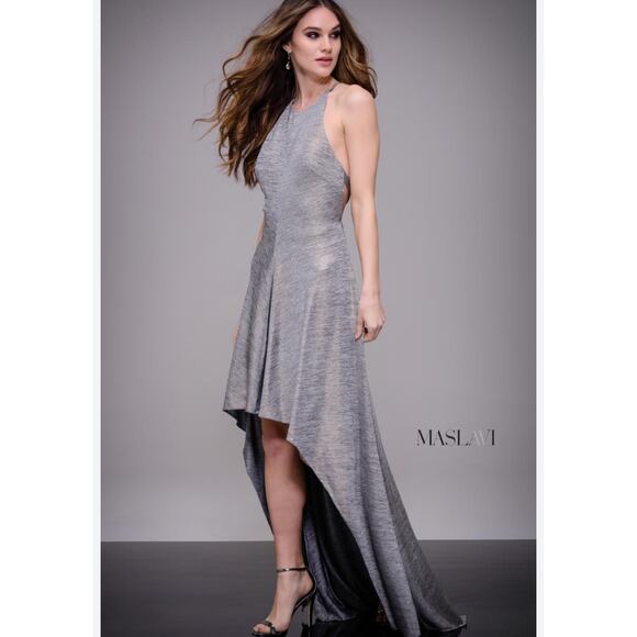 Jovani Dresses & Skirts - NWT Jovani Metallic Silver Grey Halter High-Low Gown - Backless Formal - Size 4